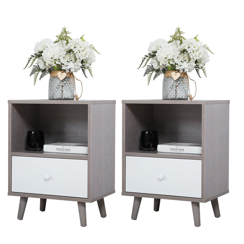 Kepooman 2 Pieces Nightstands for Bedroom, Farmhouse Accent Table for Living Room, Bedside End Table for Small Spaces with Sturdy Steel Frame, Gray