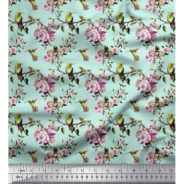 Soimoi Moss Georgette Fabric Hummingbird,Leaves & Rose Floral Decor Fabric Printed Yard 42 Inch Wide
