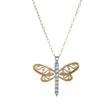 Filigree Dragonfly Pendant Necklace with Diamonds in 14kt Yellow & Rose Gold-Plated Sterling Silver