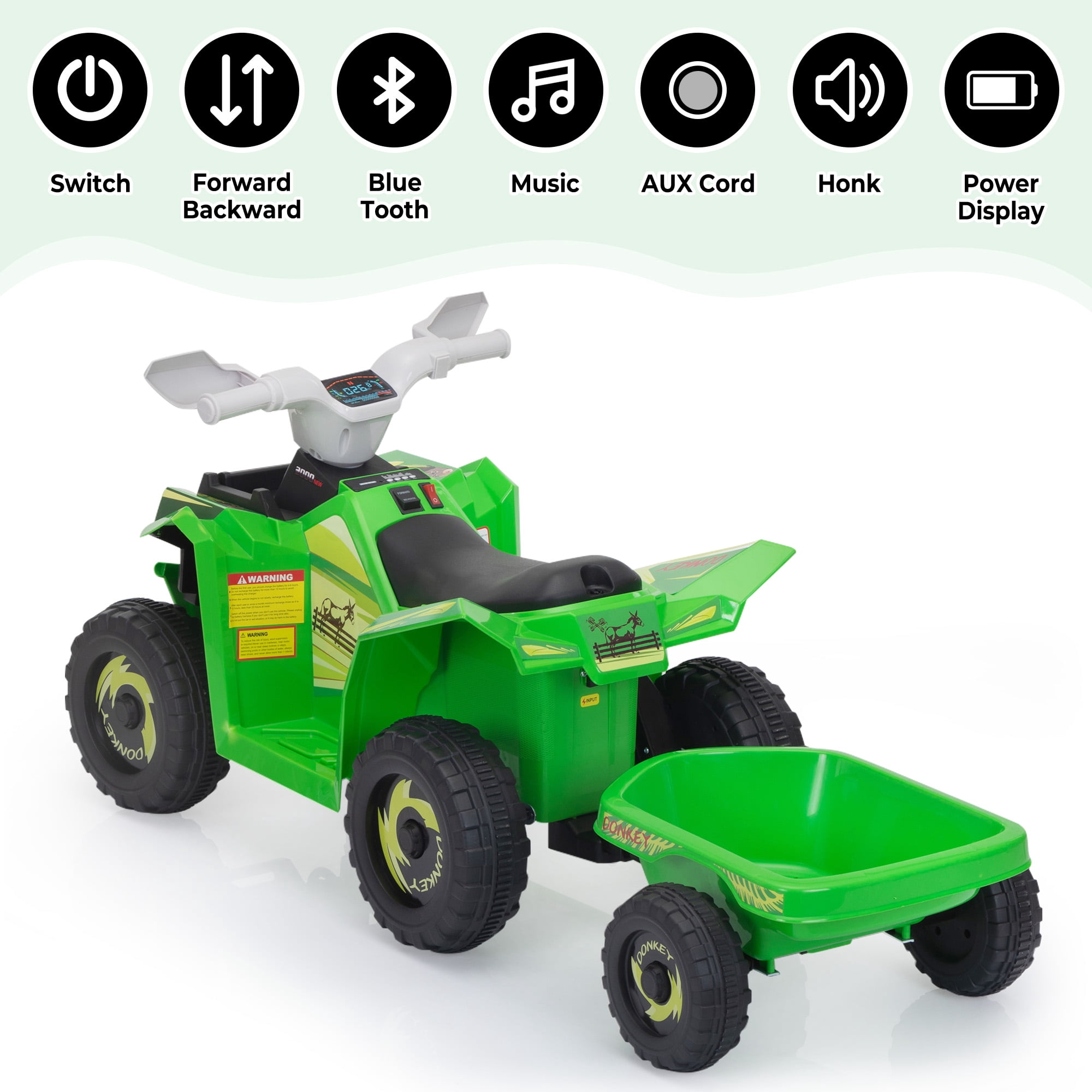 Jaxpety Kids ATV, 6V 4 Wheeler Electric Quad Car Ride on Toys with Trailer, Bluetooth, Music, Horn, Green