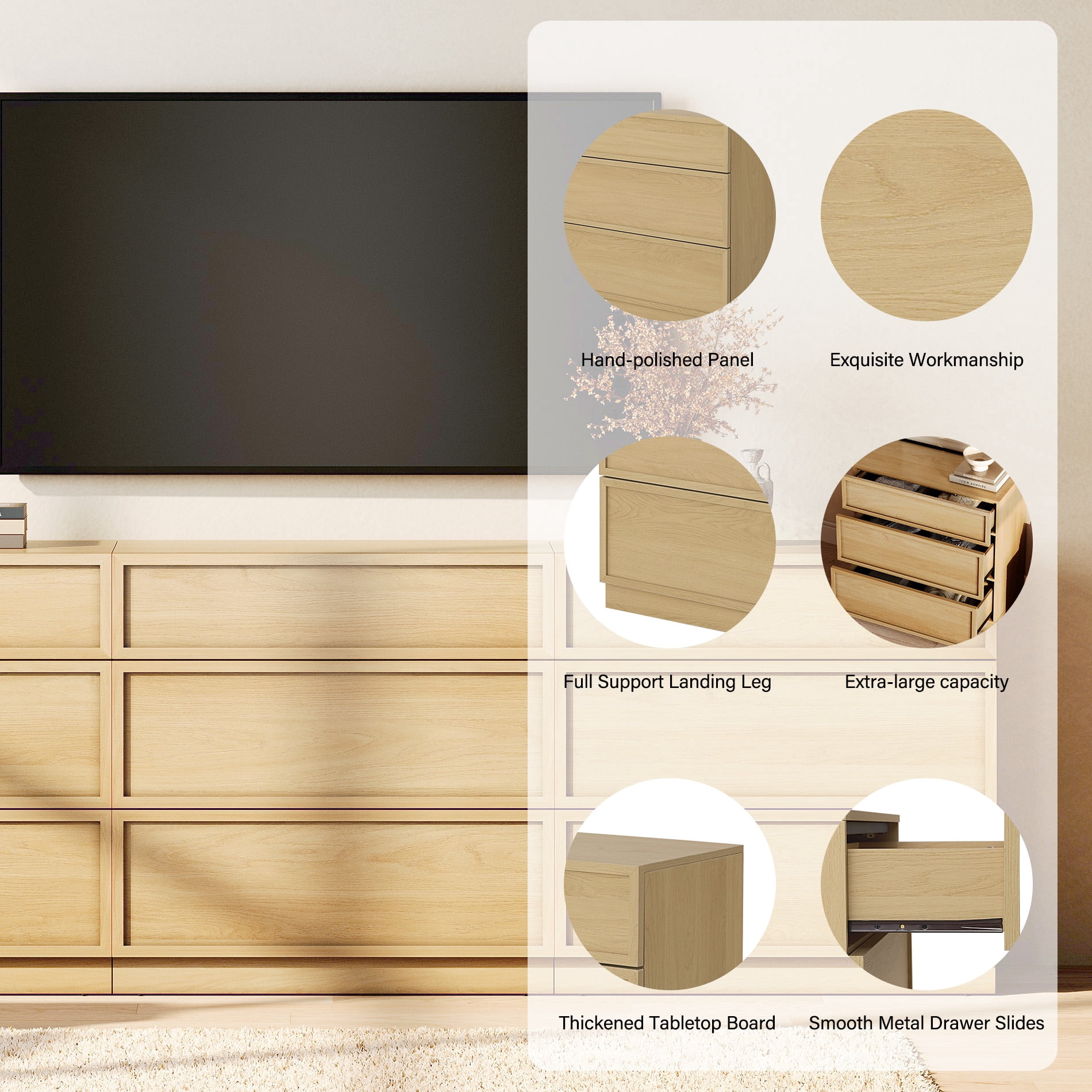 Modern 9-Drawer Wood Dresser, Handle-Free Push-Press Storage Chest with Solid Floor Base, Minimalist Storage Cabinet for Bedroom Living Room, Oak