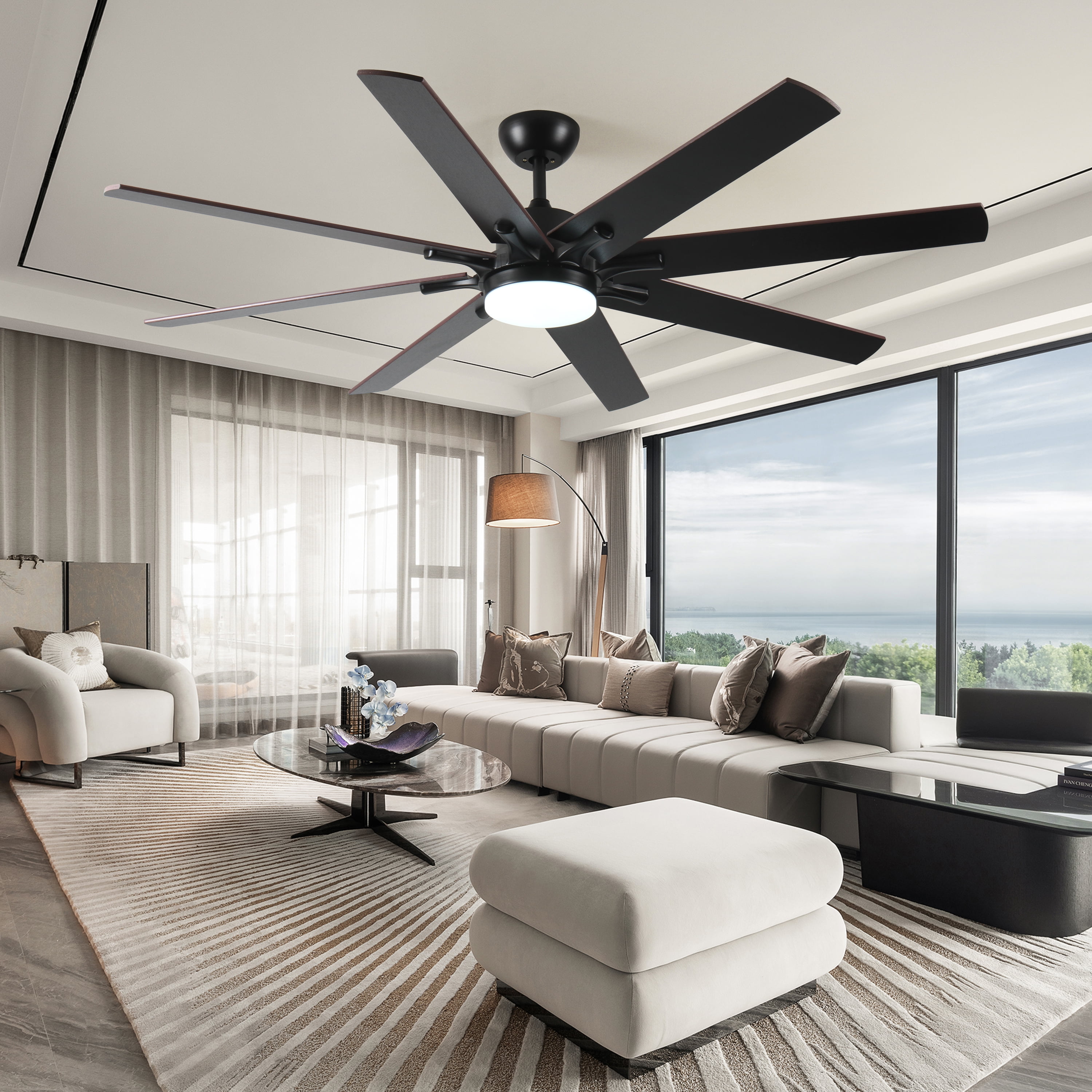 Ceiling Fan with Lights, 72 Inch Large Modern Remote Ceiling Fan for Kitchen Living Room Indoor Outdoor Space, Black Dark Walnut