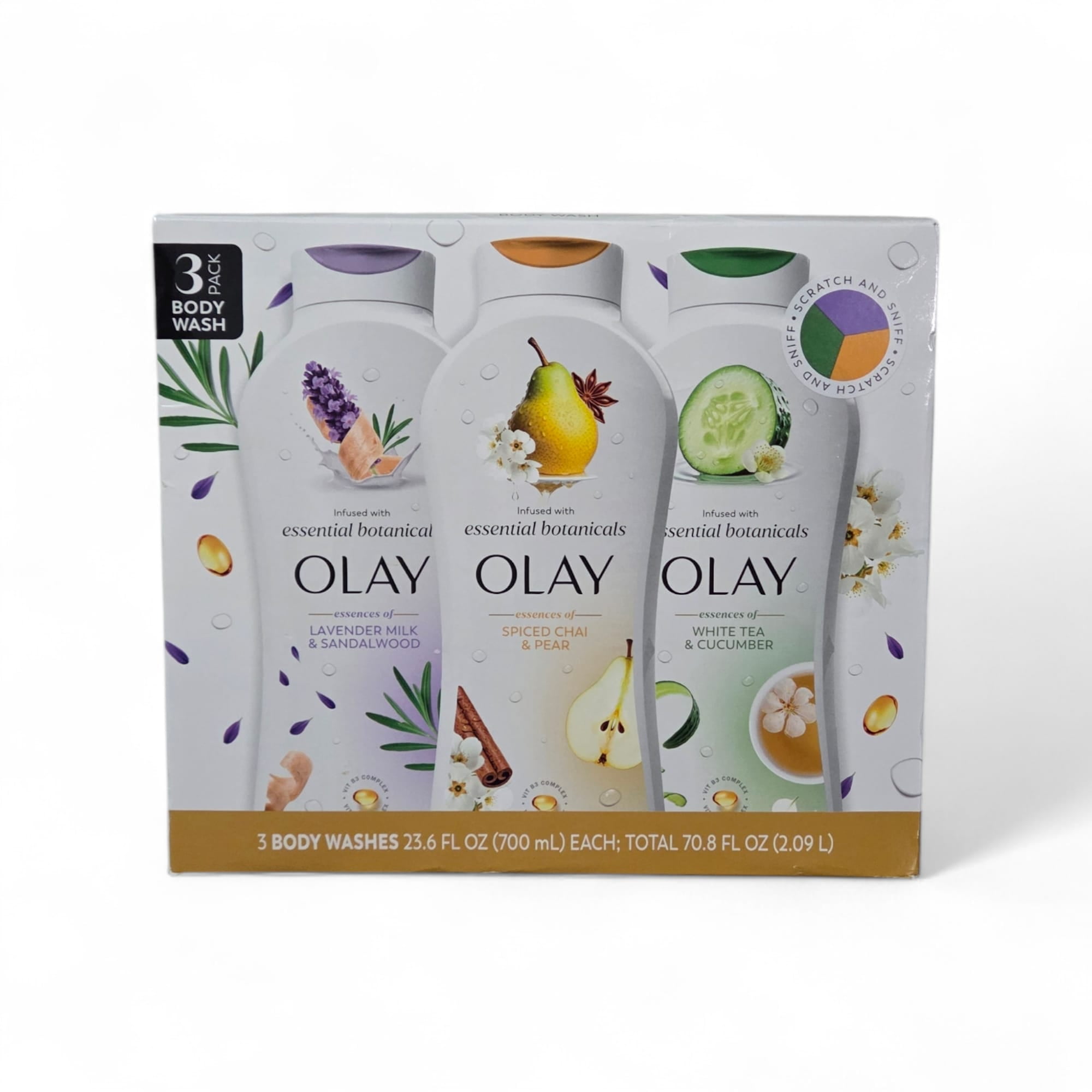 Olay Essential Botanicals Body Wash, 3-Pack (Lavender Milk & Sandalwood, Spiced Chai & Pear, White Tea & Cucumber), 23.6 fl oz Each