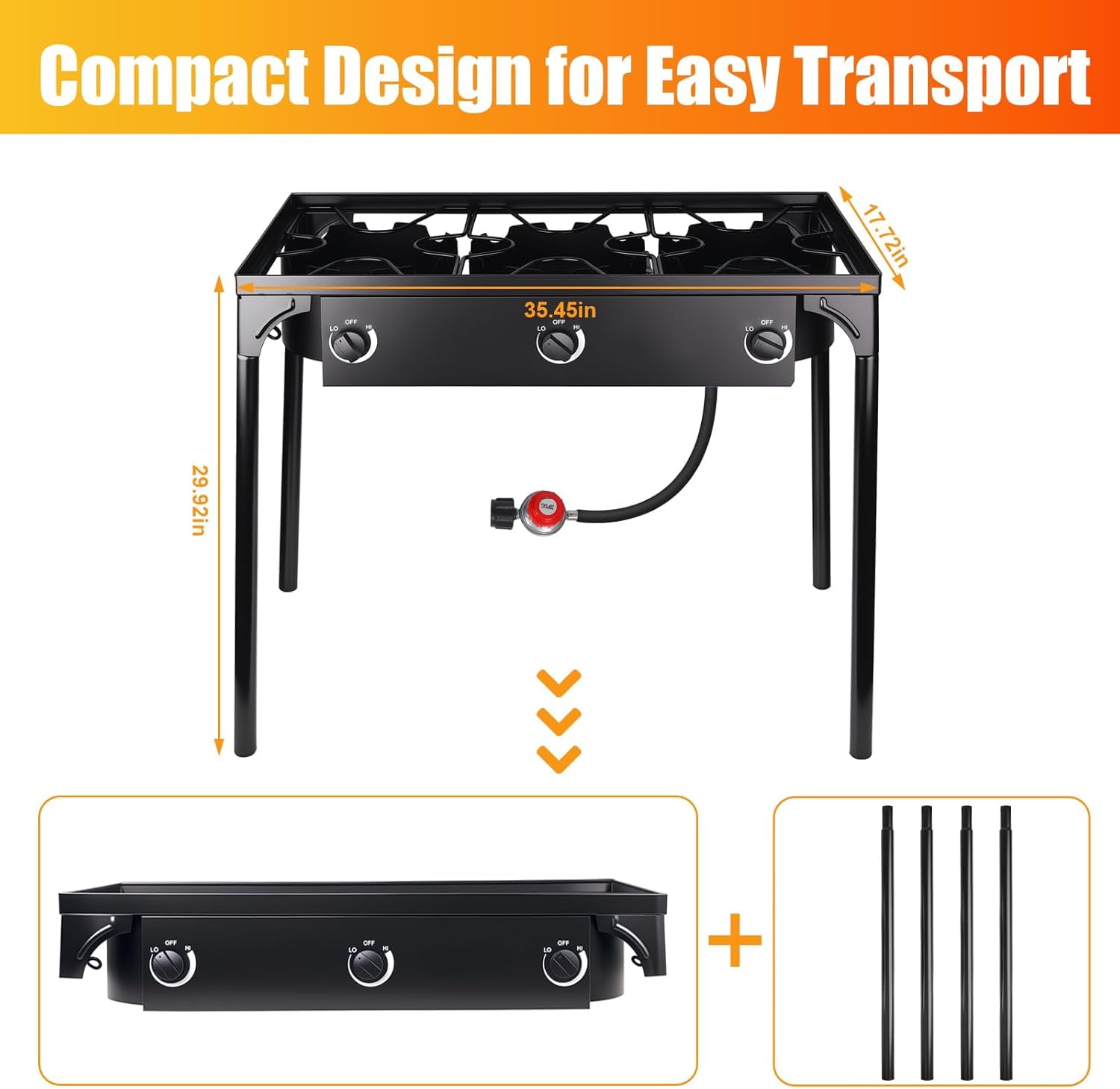 225,000-BTU High-Pressure Outdoor Propane Gas Stove, 3-Burner Camp Cooker with Detachable Legs for Camping, Patio, Tailgating & Backyard Cooking