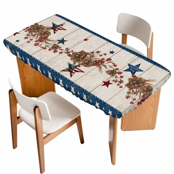Independence Day Table Cloths for 3 Foot Rectangle Tables, Red Blue Stars Stripes Flag Wooden Patio Waterproof Elastic Fitted Tablecloths, Washable Rectangular Table Cover for Camping