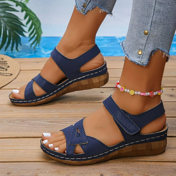 Fnooota Womens Comfort Sandals , Open Toe Platform Casual Ankle Strap Summer Shoes Sandals Dark Blue Size 8