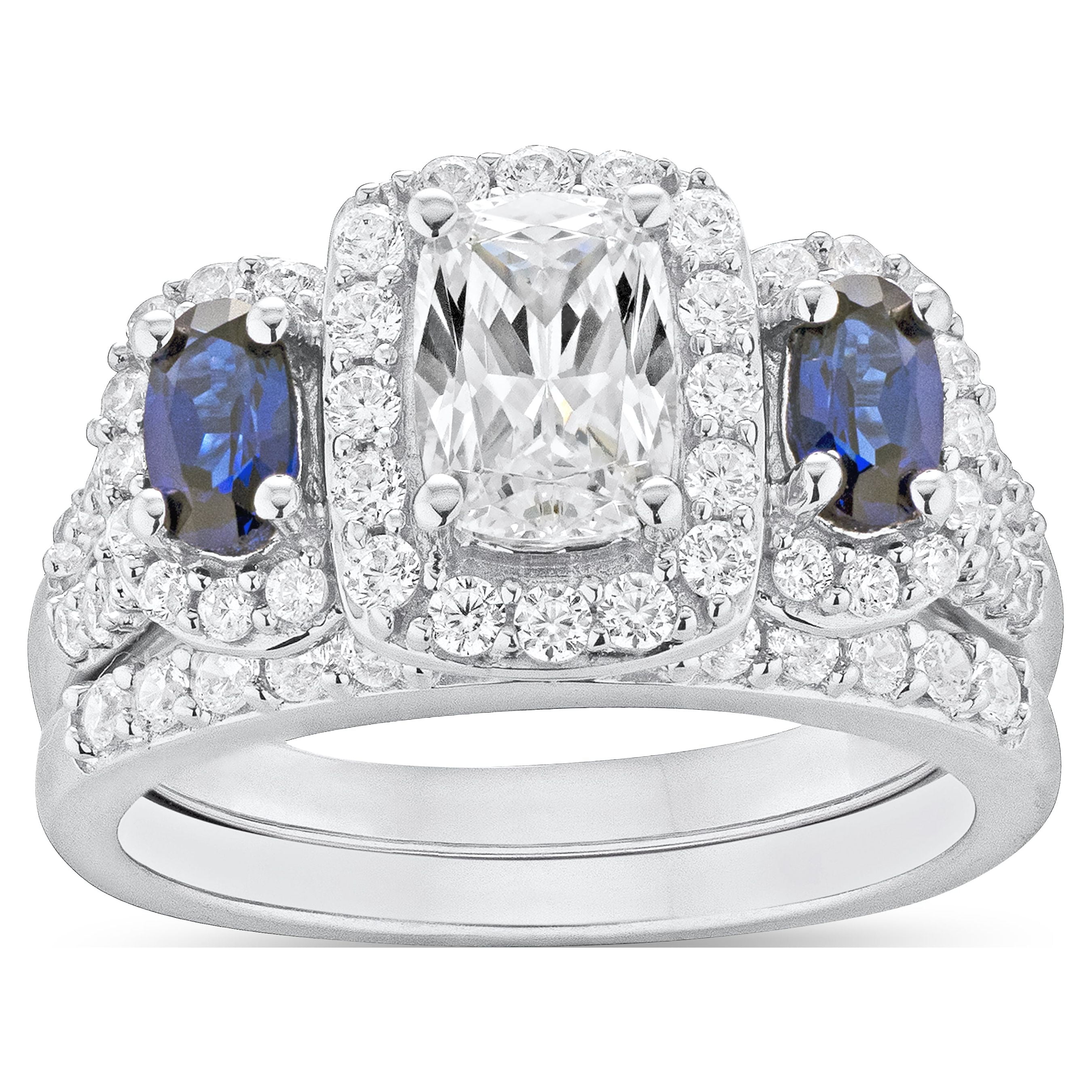 Brilliance Fine Jewelry 925 Sterling Silver Simulated White Diamond with Created Sapphire accent Bridal Engagement Ring Set