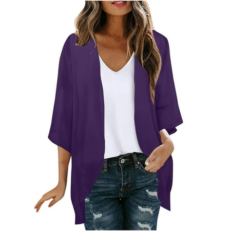 Wkishenl Women 3/4 Sleeve Kimono Chiffon Cardigan Trendy Lightweight Cardigans Casual Solid Basic Kimonos Loose Fit Cover Ups Blouses Tops 2024 Lightning Deals Of Today Blue,L