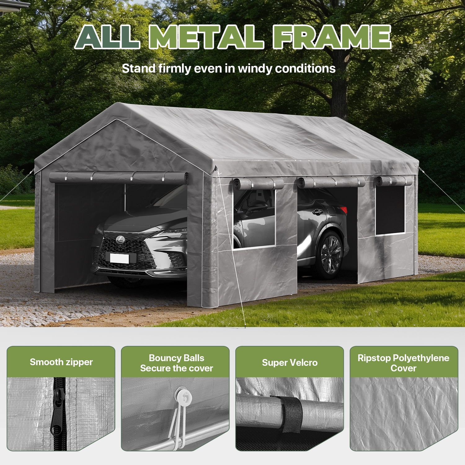 BaPiPro 12x20FT Heavy Duty Carport, Portable Outdoor Garage with Removable Sidewalls & All-Weather Metal Frame for Vehicle Parking, Gray