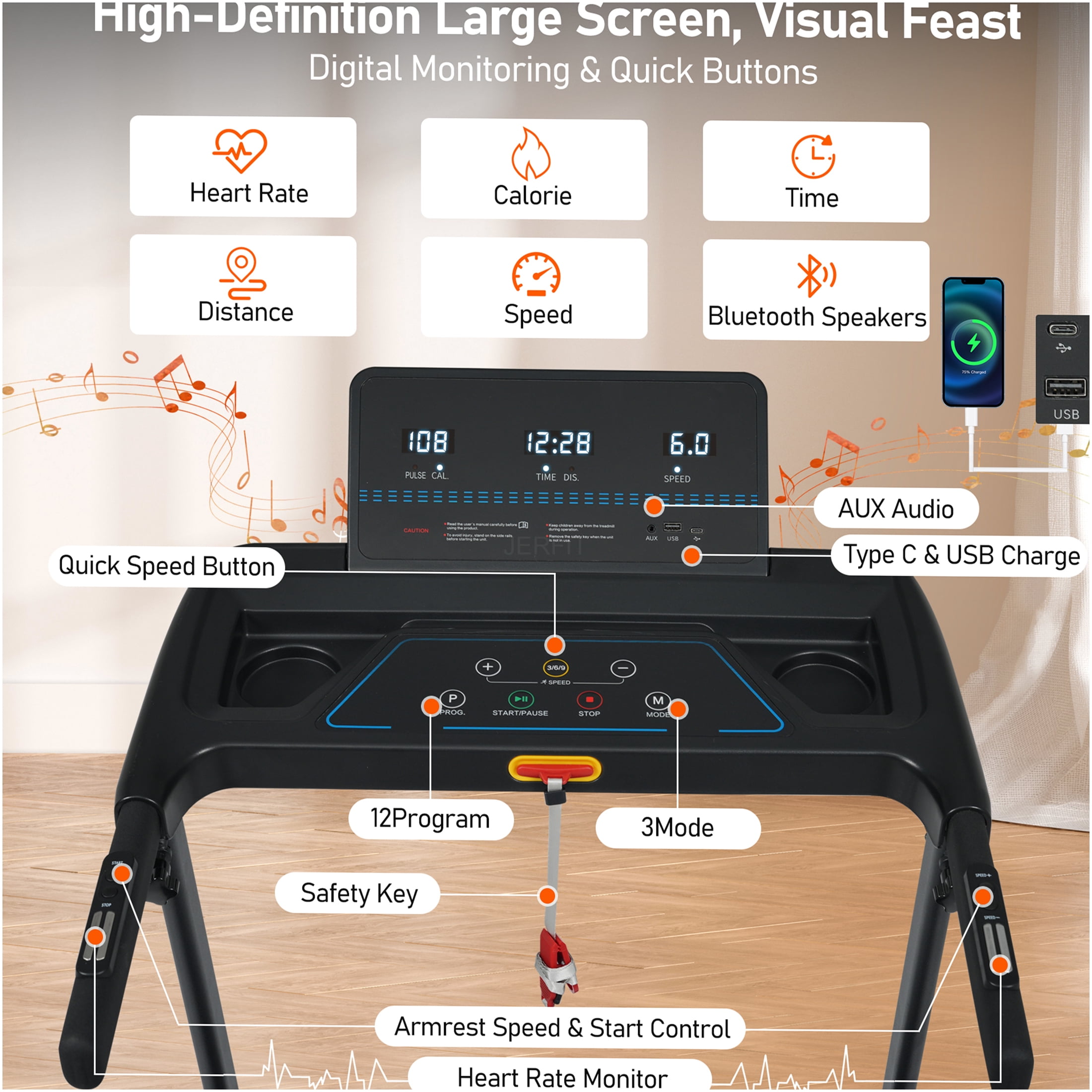 JERFIT Foldable Treadmill for Home with Incline, 3.0HP Quiet Motor, 10MPH Speed, 300LB Capacity, Bluetooth Speaker, USB/Type-C Charging, Heart Rate Monitor