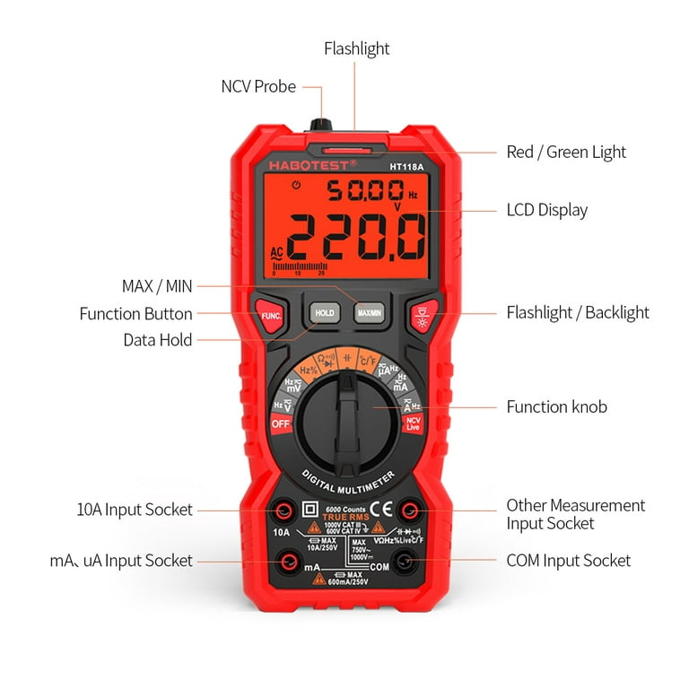 HABOTEST HT118A Digital Multimeter Auto Range Multi-meter 6000 Counts True  RMS Measuring AC/DC Voltage Current Resistance Capacitance Frequency