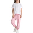 thumbnail image 2 of BRGZLK Girls 2 Piece Outfits Summer 2026 Casual Cotton Solid Color Round Neck Short Sleeve Top and Loose Fit Elastic Waist Jogging Pants Set Watermelon Red 5-6 Years, 2 of 5