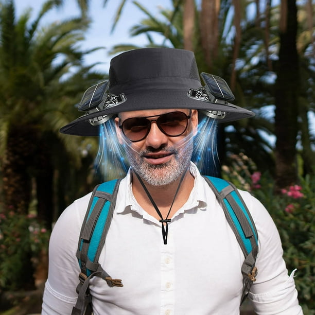 Sombrero de pesca al aire libre con ventilador solar ancho para hombre, sombrero para el sol con ventilador solar, sombreros de pesca con ventilador ajustable de 3 velocidades, sombrero con ventilador