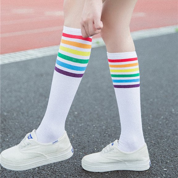 WMNTST Women's Socks Knee-High Colorful Striped Socks Soft Stretchy Stylish Football Hosiery