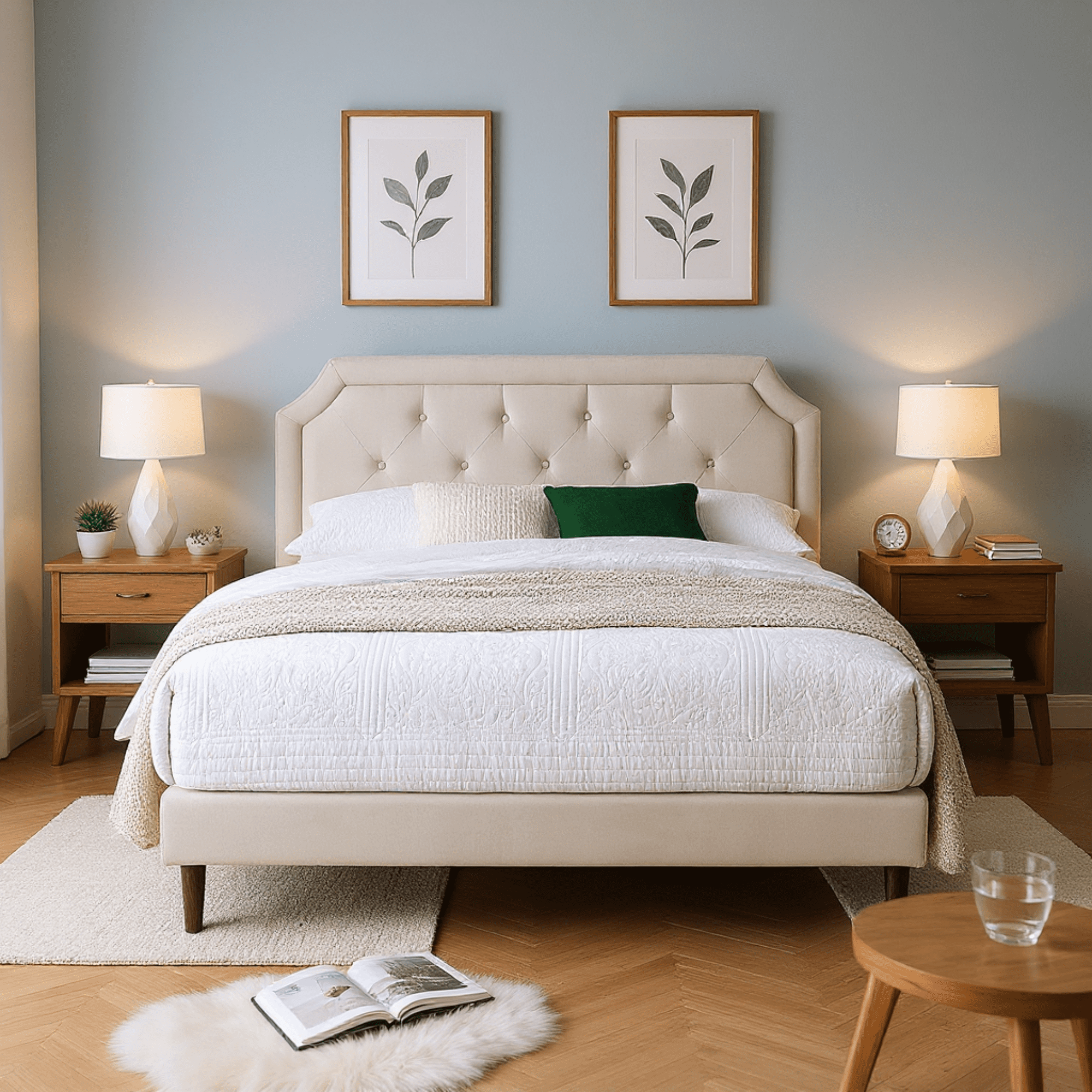 Gewnee Queen Size Platform Bed Frame with Upholstered Adjustable Headboard for 8-12 inch Mattress, Wood Slats, Center Support, No Box Spring Needed in Beige