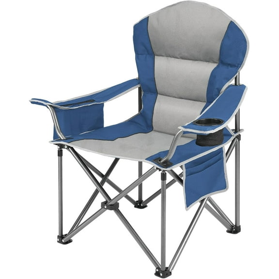 Simenmax Camping Folding Chair, Heavy Duty Padded Chair with Cup Holder Storage and Cooler Bag,Blue Gray