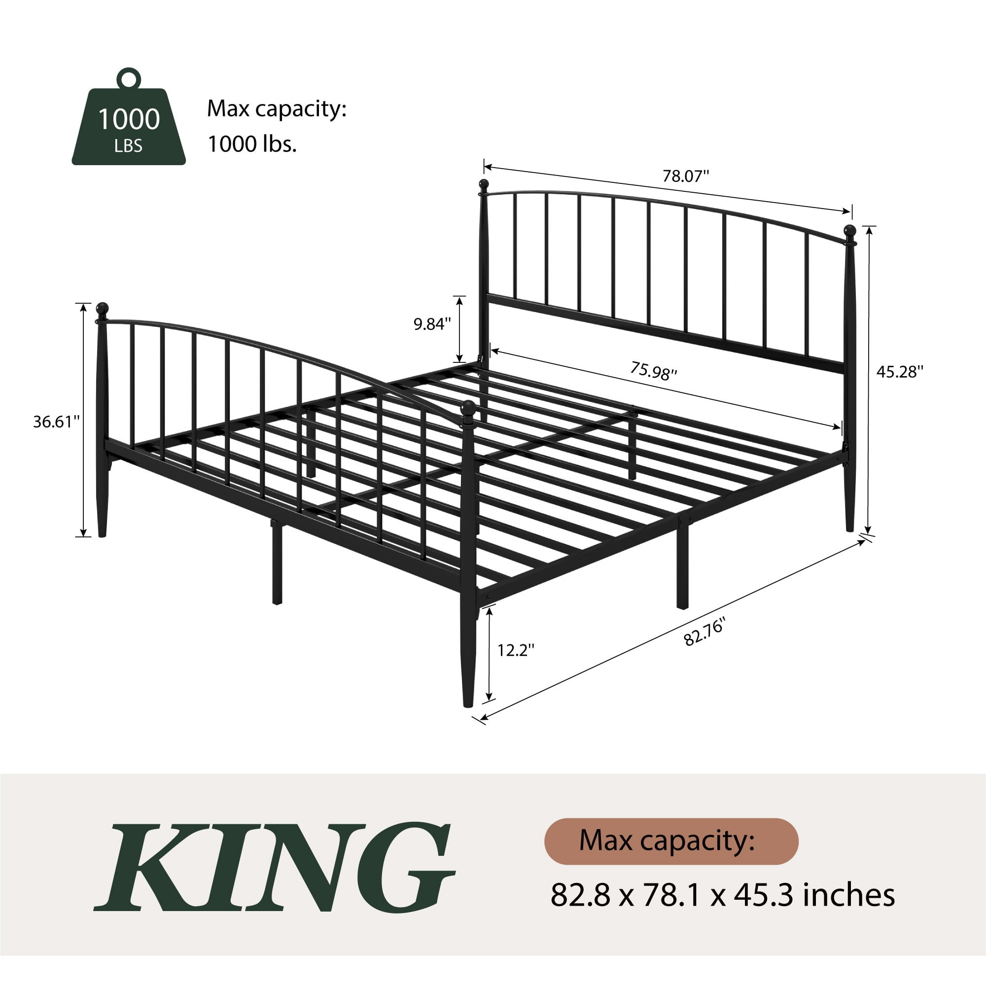 Amolife King Bed Frame, Metal Platform Bed with Curved Headboard and Footboard, Ample Under-Bed Storage Space, No Box Spring Needed, Black