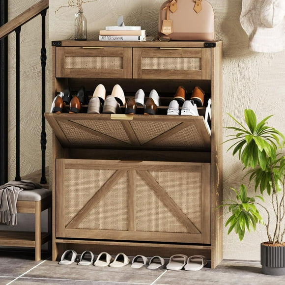 Vabches Shoe Storage Cabinet with 2 Filp Drawers and 2 Drawers, Farmhouse Slim Shoe Cabinet for Entryway, Rustic Oak Rattan