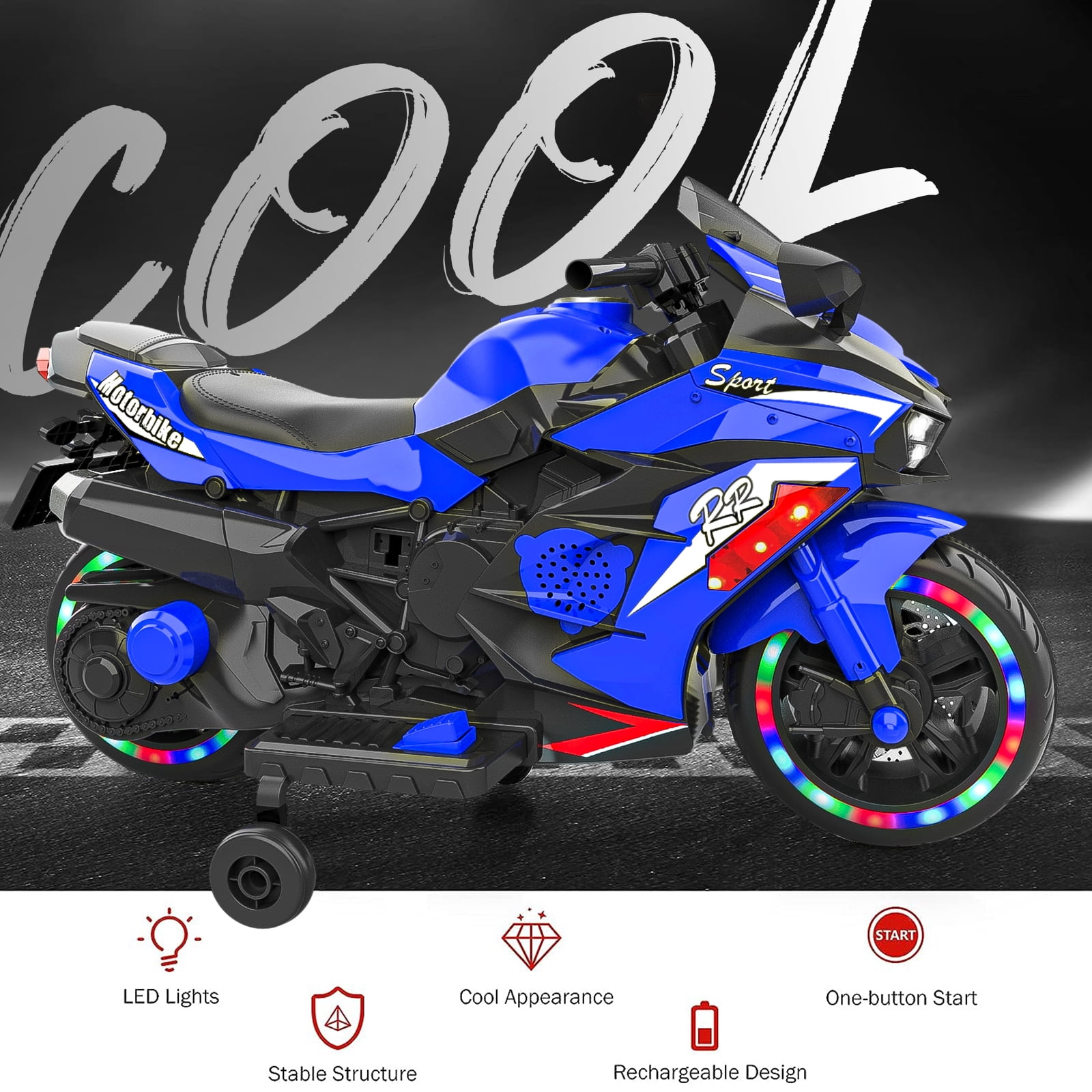 Techvida 12V Ride on Motorcyle for Kids Battery Powered 2 Wheels Kids Motorcycle for Child with Training Wheels (Blue)