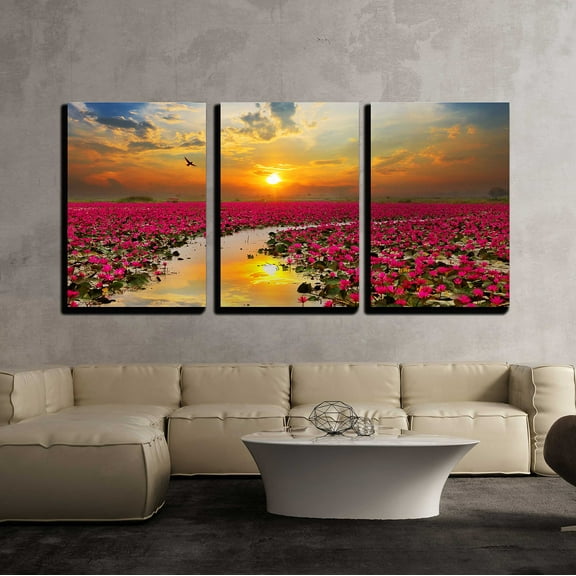 wall26 - 3 Piece Canvas Wall Art - Sunshine Rising Lotus Flower in Thailand - Modern Home Art Stretched and Framed Ready to Hang - 24"x36"x3 Panels
