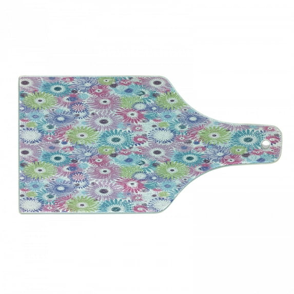 Floral Cutting Board, Colorful Pastel Pattern with Flowers and Vintage Curls Ornate Style Gerbera Daisies, Tempered Glass Cutting and Serving Board, Wine Bottle Shape, Multicolor, by Ambesonne