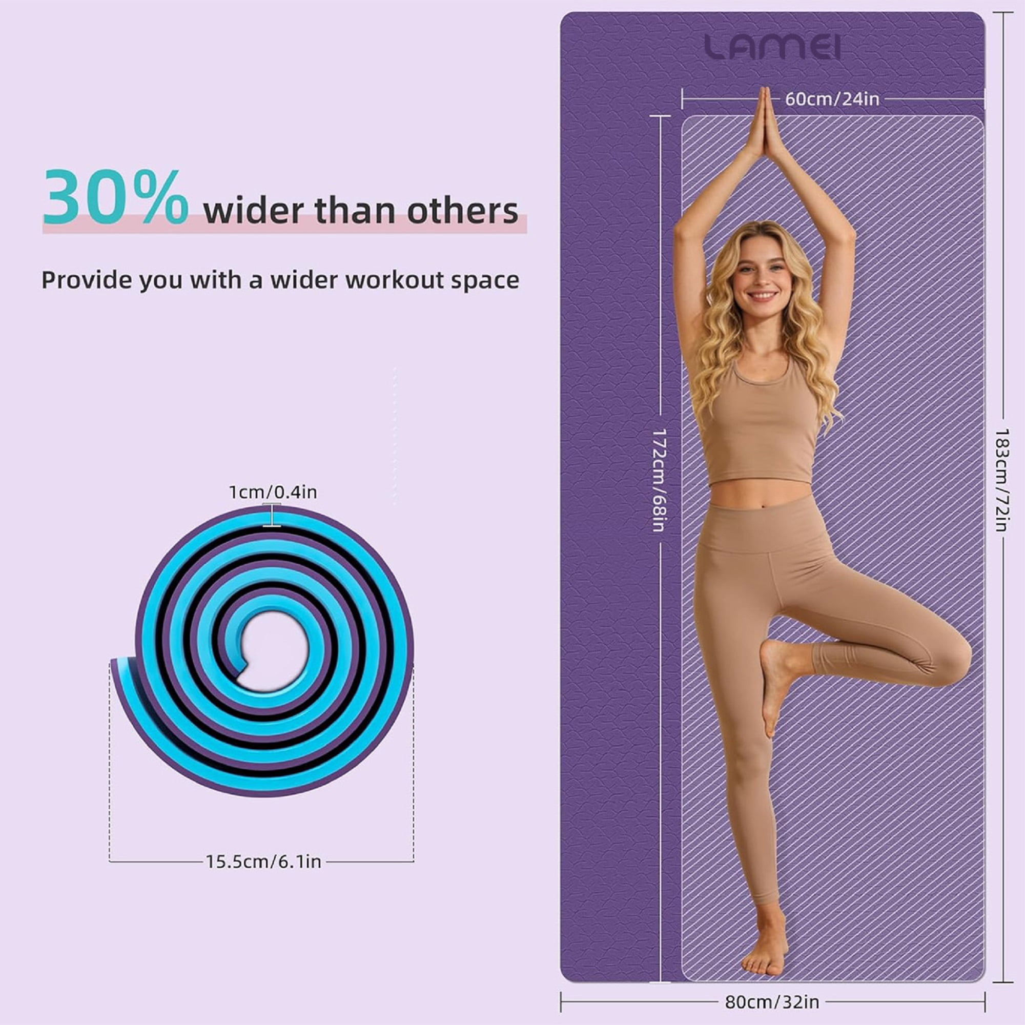 LAMEI Yoga Mat Thick 10mm, 31.5" Extra Wide for Men and Women, Non-Slip TPE Exercise Matt, Two Tone Fitness Mats with Straps for Carrying(Purple+Blue)