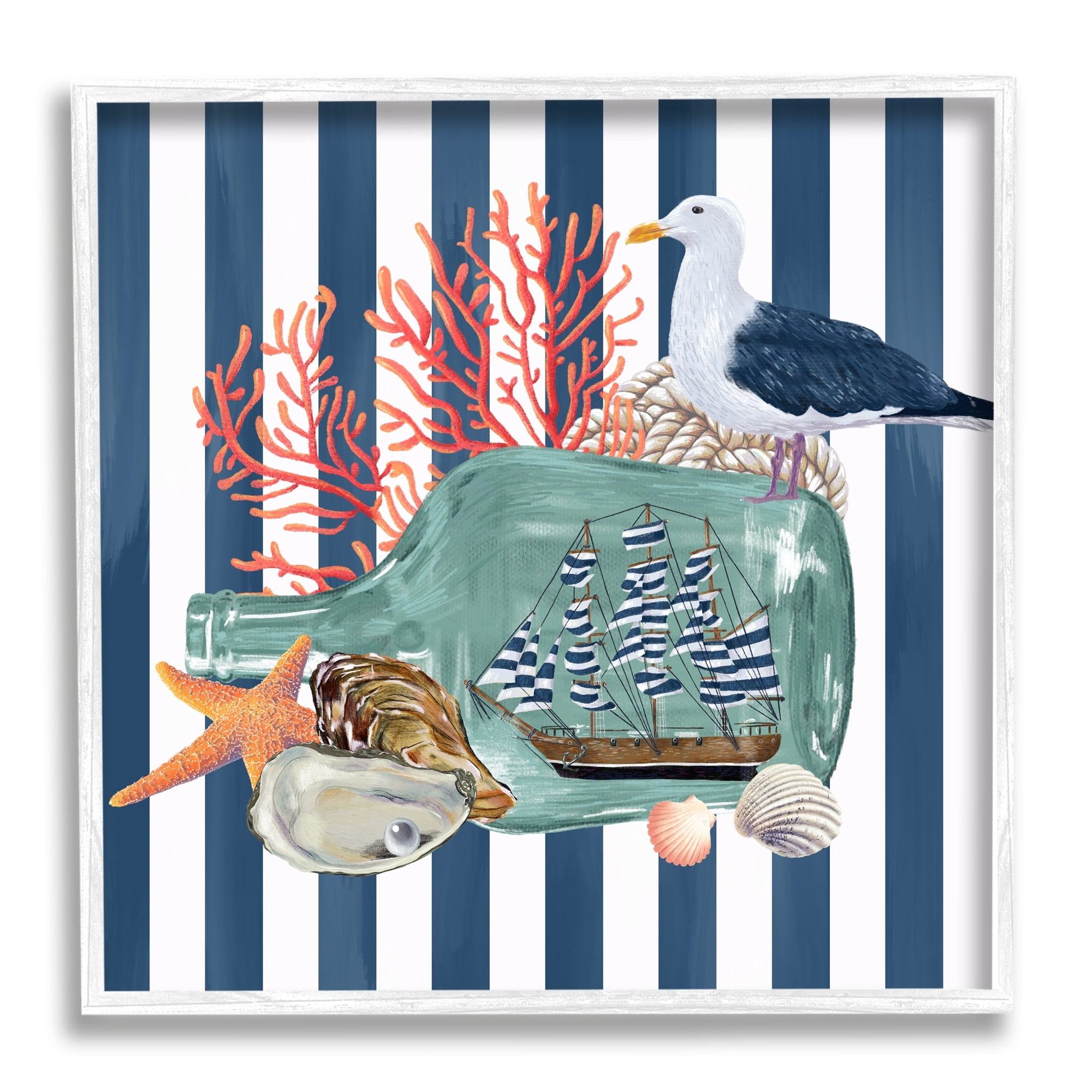 Stupell Industries Ship In Bottle Perched Seagull Marine Life Stripes Graphic Art White Framed Art Print Wall Art, Design by Raquel Maciel
