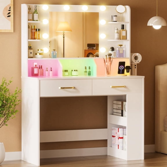 COMHOMA  Vanity Desk with Mirror and Lights, Hairdryer Holder, 5 Drawers, Bedroom Dresser Table for Girls