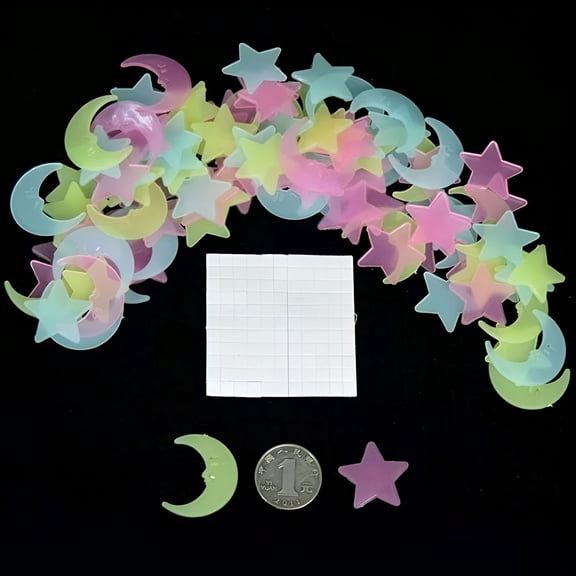 LAMIRO 100 Pcs Kids Bedroom Fluorescent Glow in the Dark Stars Moons Wall Stickers