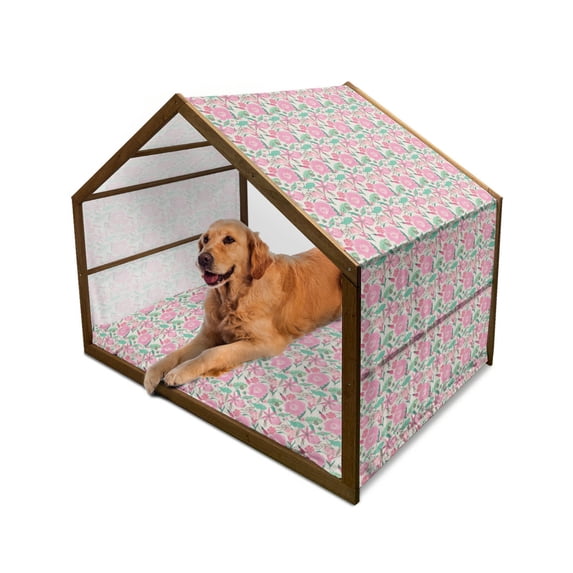 Garden Art Pet House, Botanical Daisy Wildflowers Pattern Vintage Nature Blossom, Outdoor & Indoor Portable Dog Kennel with Pillow and Cover, 5 Sizes, Mint Green Pale Pink, by Ambesonne