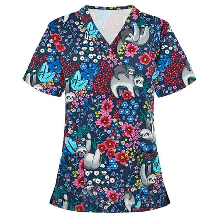 

Frostluinai Savings Clearance plus size tops for women Women Scrubs Top Women s Working Uniform Nursing Uniform With Two Pockets Short Sleeve V-neck Animal Printed Blouse