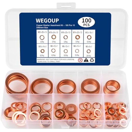 Copper Washers, 100 PCS Copper Washer Assortment Kit – 10 Different Sizes Flat Sealing Crush Washers (M5-M20) for Automotive, Plumbing, Electrical, Mechanical, and Oil Drain Plug Applications