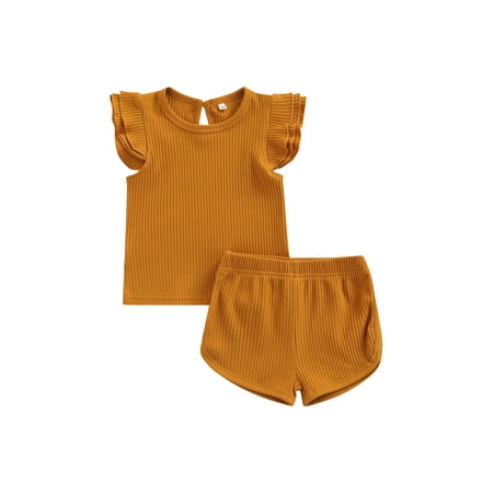 

Canrulo Toddler Baby Girl Summer Outfit Fly Sleeve Solid Color Ribbed Kint Top Shorts Set 2Pcs Clothes Ginger 2-3 Years