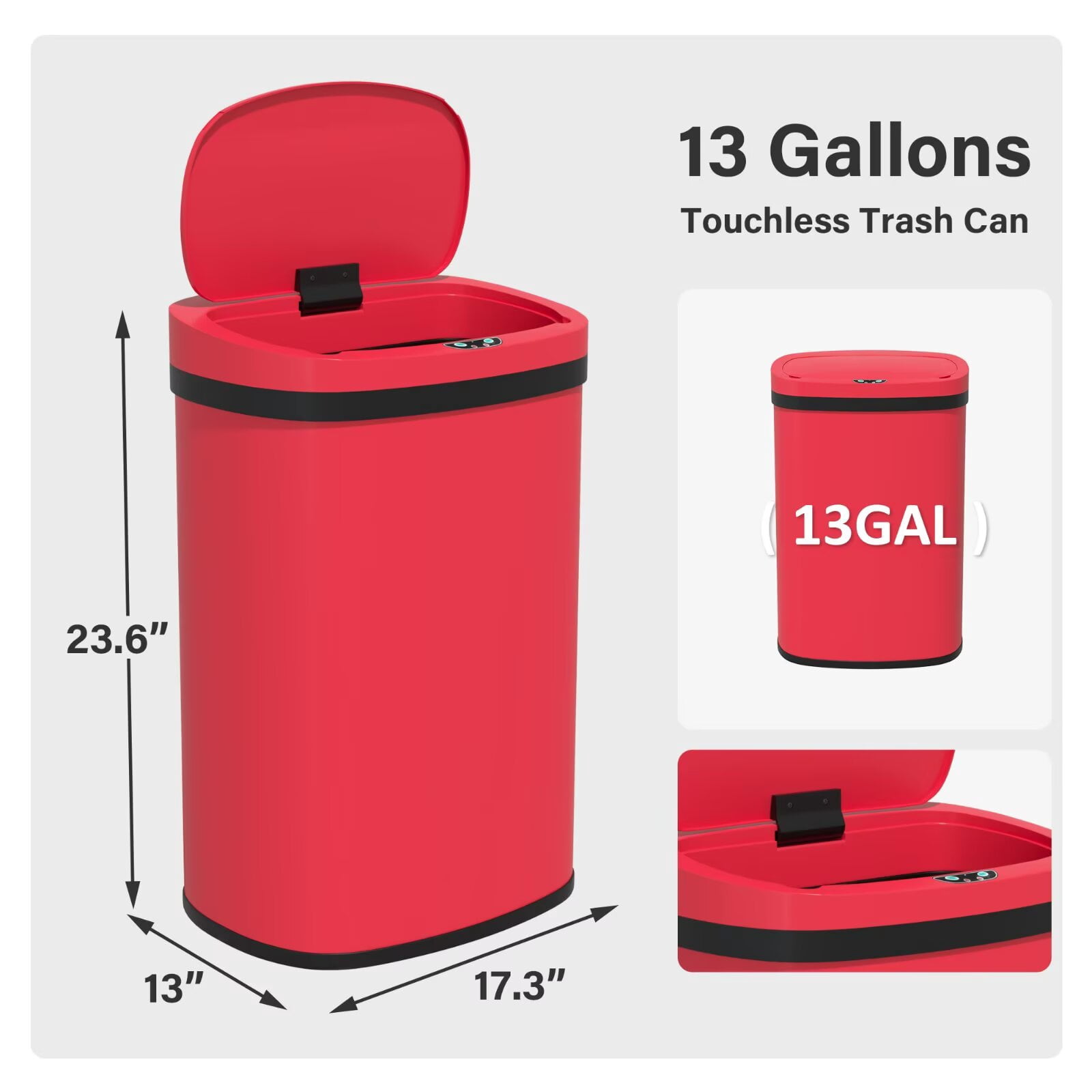 YRLLENSDAN 13 Gallon Touchless Stainless Steel Trash Can, Automatic Garbage Cans with Lid, Motion Sensor Wateproof Trash Bin for Kitchen Bedroom Bathroom Office, Red
