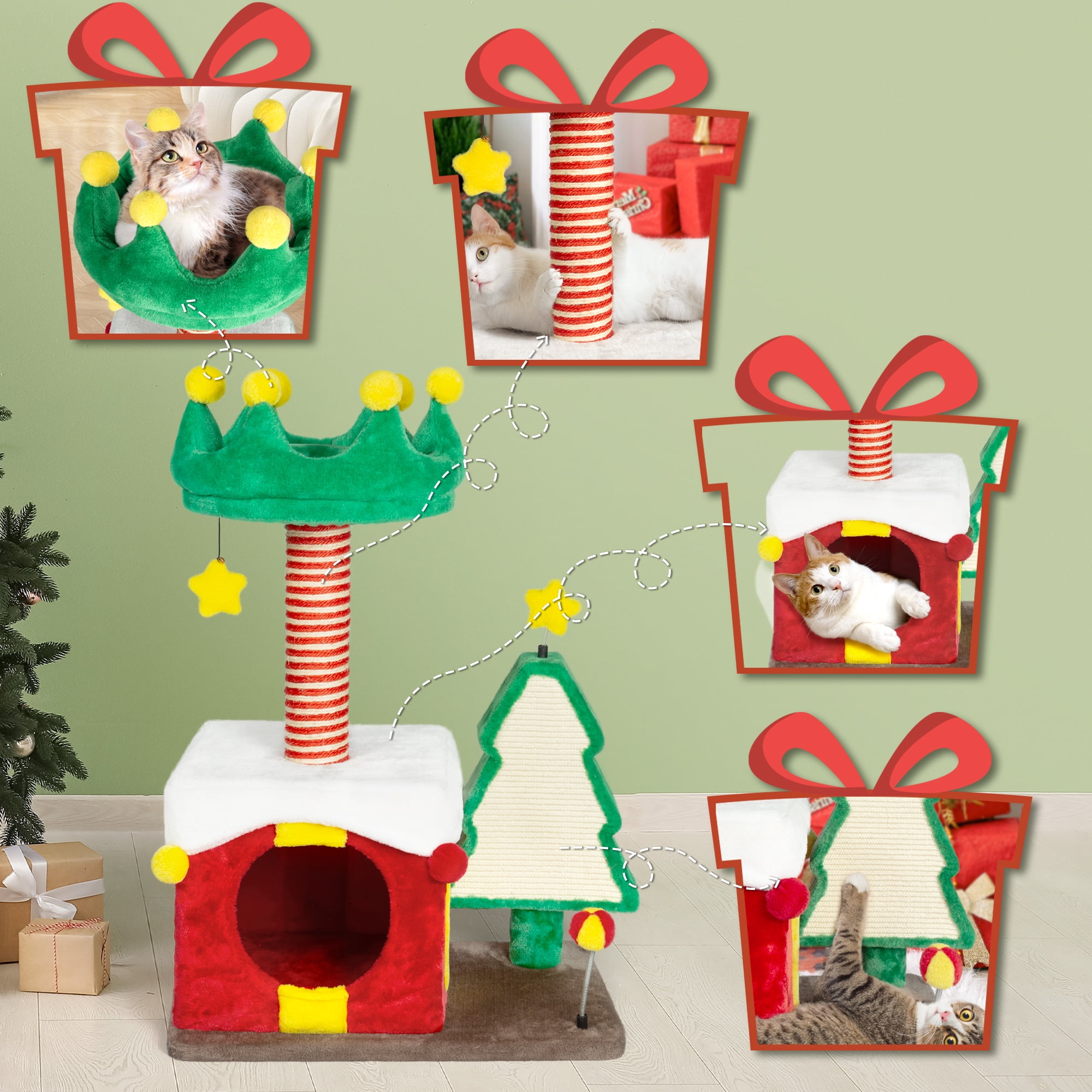 LHBCraft Christmas Cat Tree, 33.5" Multi-Level Cat Tower with Cat Condos, Top Perches, Sisal Ramp Scratching Posts, Cozy Basket, Hammocks, Large Cat Pet Activity Structure