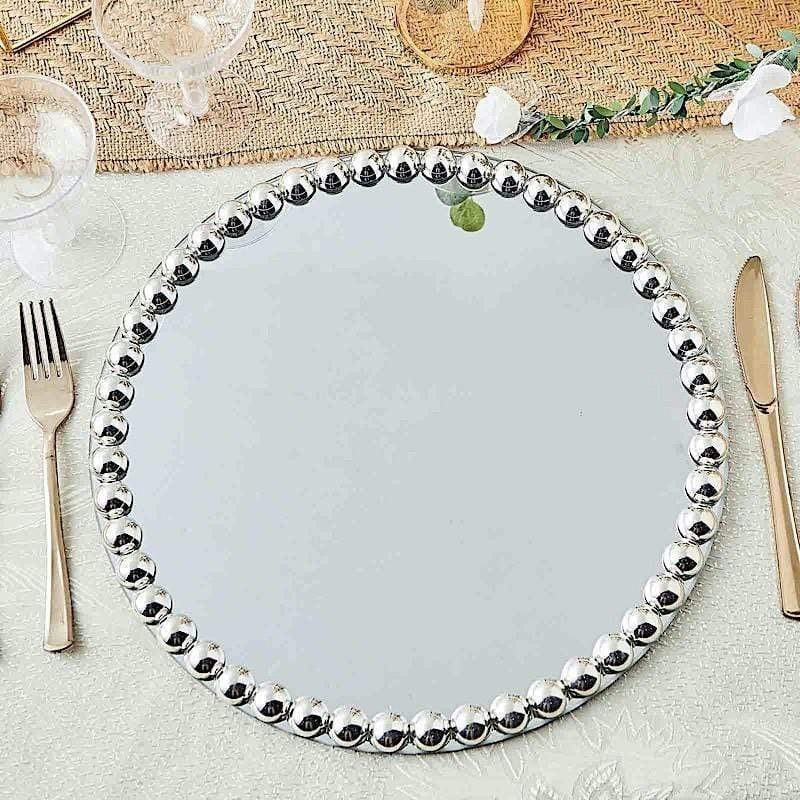 2 Silver 13 In Round Mirror Glass Charger Plates With Pearl Trim Com Round Mirror Glass Charger Plates, Mirrored Charger Plates Bulk