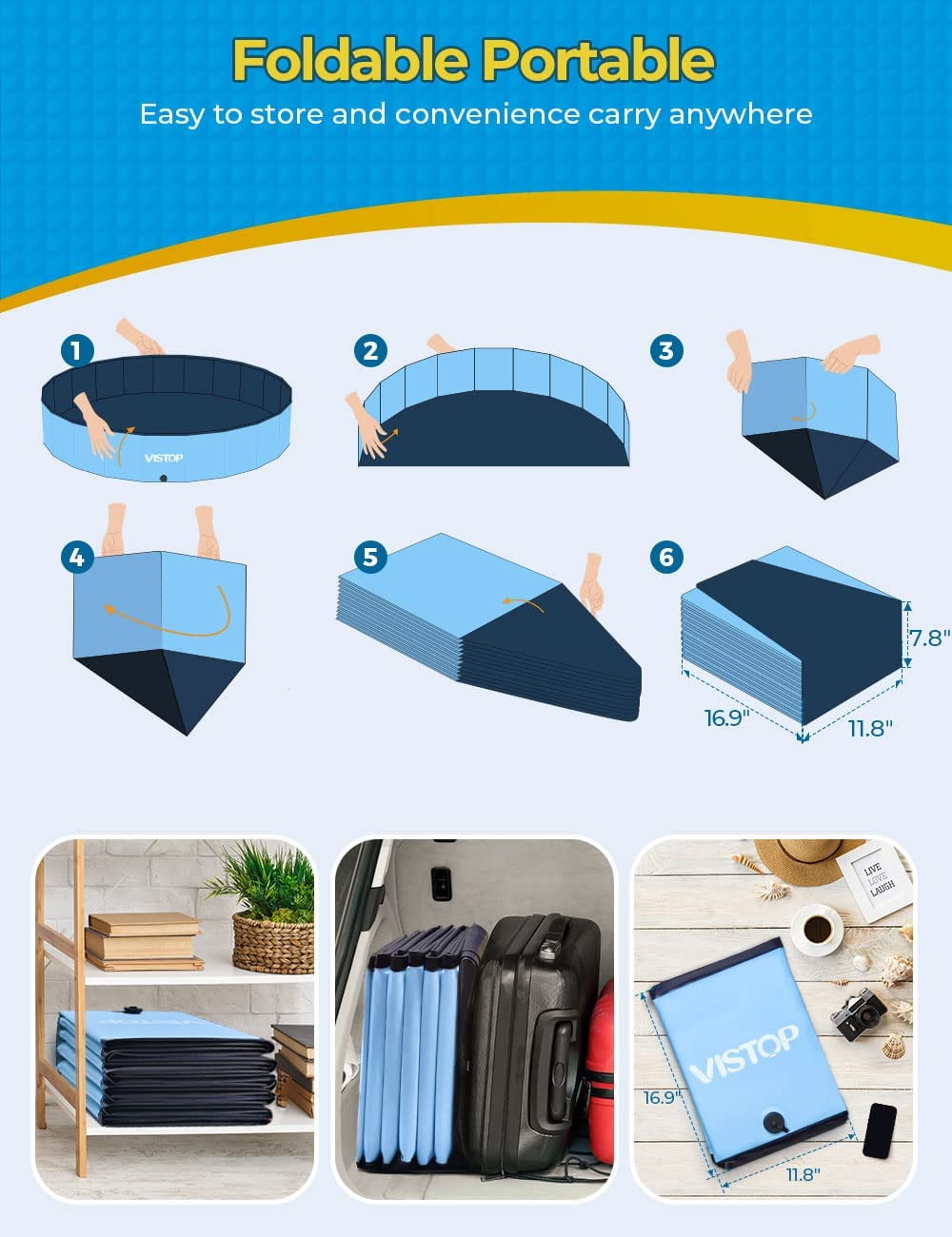Foldable Dog Pool, Hard Plastic Shell Portable Swimming Pool for Dogs Cats and Kids Pet Puppy Bathing Tub Collapsible Kiddie Pool (87inch.D x 15.7inch.H, Blue)
