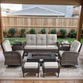 thumbnail image 5 of POCASSY 7-Piece Outdoor Patio Furniture Set, Brown Rattan Wicker Modern Patio Furniture Set with 50000 BTU Propane Firepit, Patio Couch, Outdoor Swivel Chair, Side Table, and Ottoman, Beige Cushion, 5 of 24