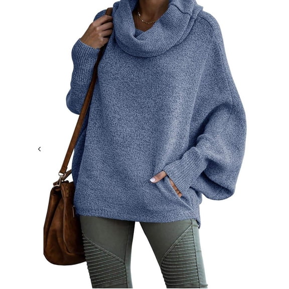 Women's Solid Color Cowl Neck Pullover Sweater, Lantern Sleeve Knit Top, Oversized Relaxed Fit Blouse, Soft Ribbed Cuff Sweater, Long Sleeve Casual Tunic, Cozy Winter Blouse Blue XXXL