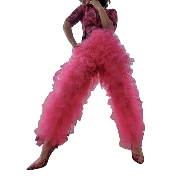 VISgogo Pantalones de tul para mujer, pantalones femeninos de cintura alta de hilo con volantes de múltiples capas de patchwork de color sólido VISgogo moda