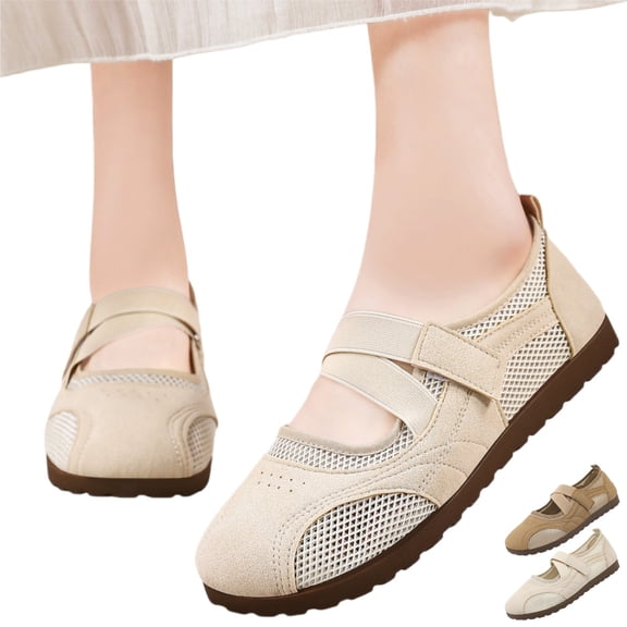 longantii Mesh Ballet Sneakers for Women Breathable Mesh Panel Mary Jane Shoes Non Slip Flats Sneakers Footwear Walking Shoes Casual Comfortable Loafers 2026 Beige