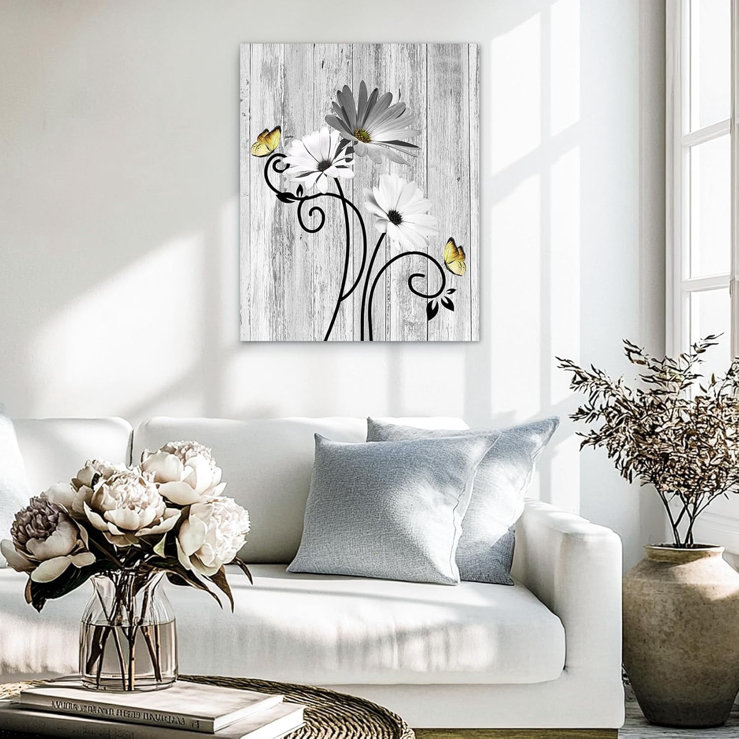 Floral Canvas Wall Art - Daisy & Butterfly Botanical Wall Decor, Rustic Farmhouse Pictures for Living Room, Bedroom, Bathroom & Home Office
