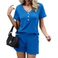thumbnail image 1 of Conjunto de atuendos LOMON Summer para mujer, manga corta, cuello en V (azul claro, XL), 1 of 4