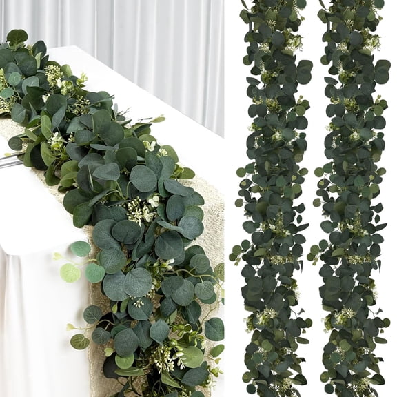 Eucalyptus Garland, 2 pack 6FT Green Flower Garland Decor, Artificial Faux Eucalyptus Leaves Greenery Vines for Table Runner Wedding Mantle Decorations