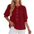 thumbnail image 2 of DYTTDG Women's Babydoll Blouse | Elbow Puff Sleeve Round Neck Top, Button Down Casual Summer Breathable Blouse for Daily & Vacation Wear, 2 of 8