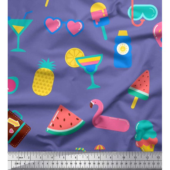 Soimoi Rayon Fabric Drink,Goggles & Ice Cream Party Decor Fabric Printed Yard 56 Inch Wide