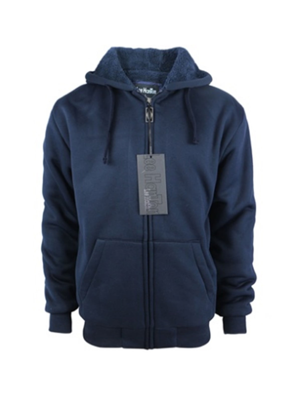Men's Navy Blue Winter Heavyweight Sherpa-Lined Hoodie with Adjustable ...