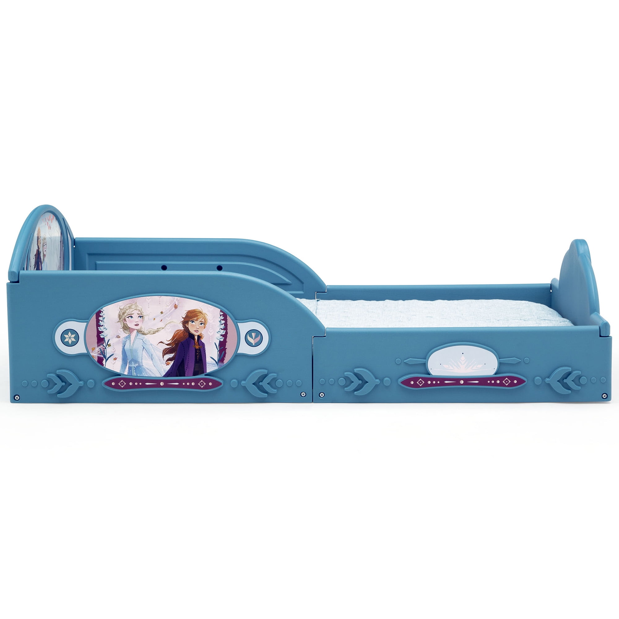 Disney Frozen Ii 5 Piece Toddler Bedroom Set By Delta Children Includes Toddler Bed Table Ottoman Set Multi Bin Toy Organizer
