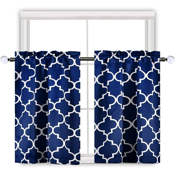 Navy Blue Moroccan Tile Print Blackout Curtain Tiers For Kitchen Rod Pocket Thermal Insulated Half Window Curtains Cafe Bathroom Small Windows 36 Inch Length Total 50 Wide 2 Panels Com Navy Blue Moroccan Tile Print Blackout, What Size Curtains Do I Need For A 50 Inch Window