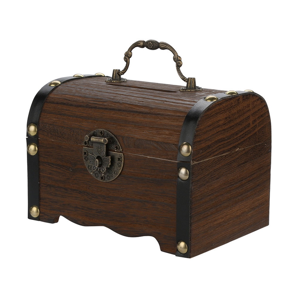 Vintage Treasure Storage Box Piggy Bank Money Coins Saving Wooden Box With Lock 